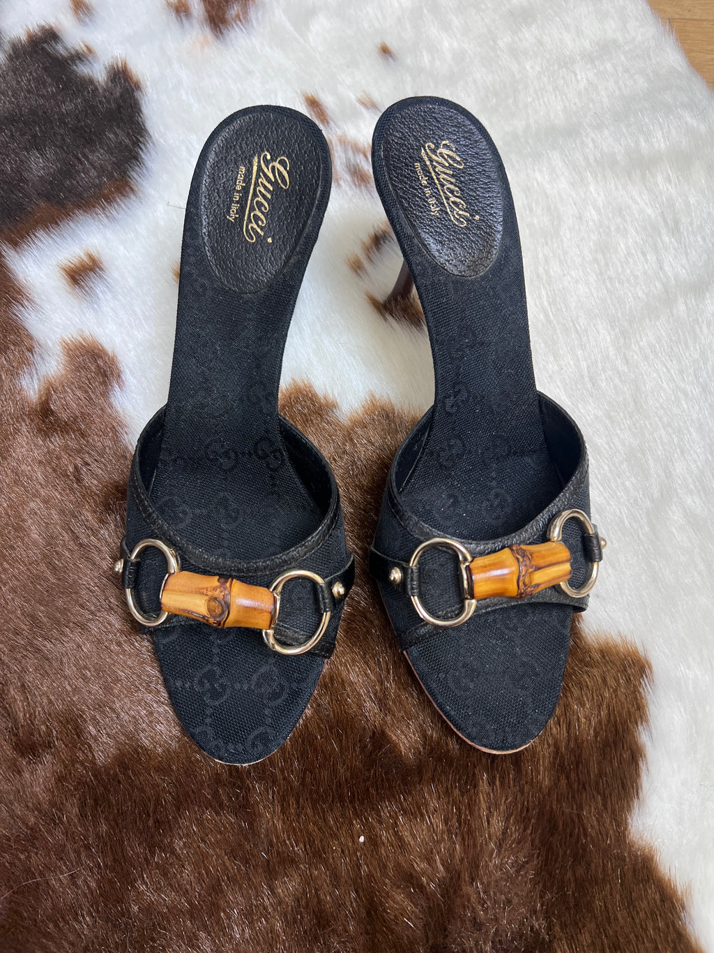 Gucci Vintage Black Canvas Bamboo Horsebit Muls EU7