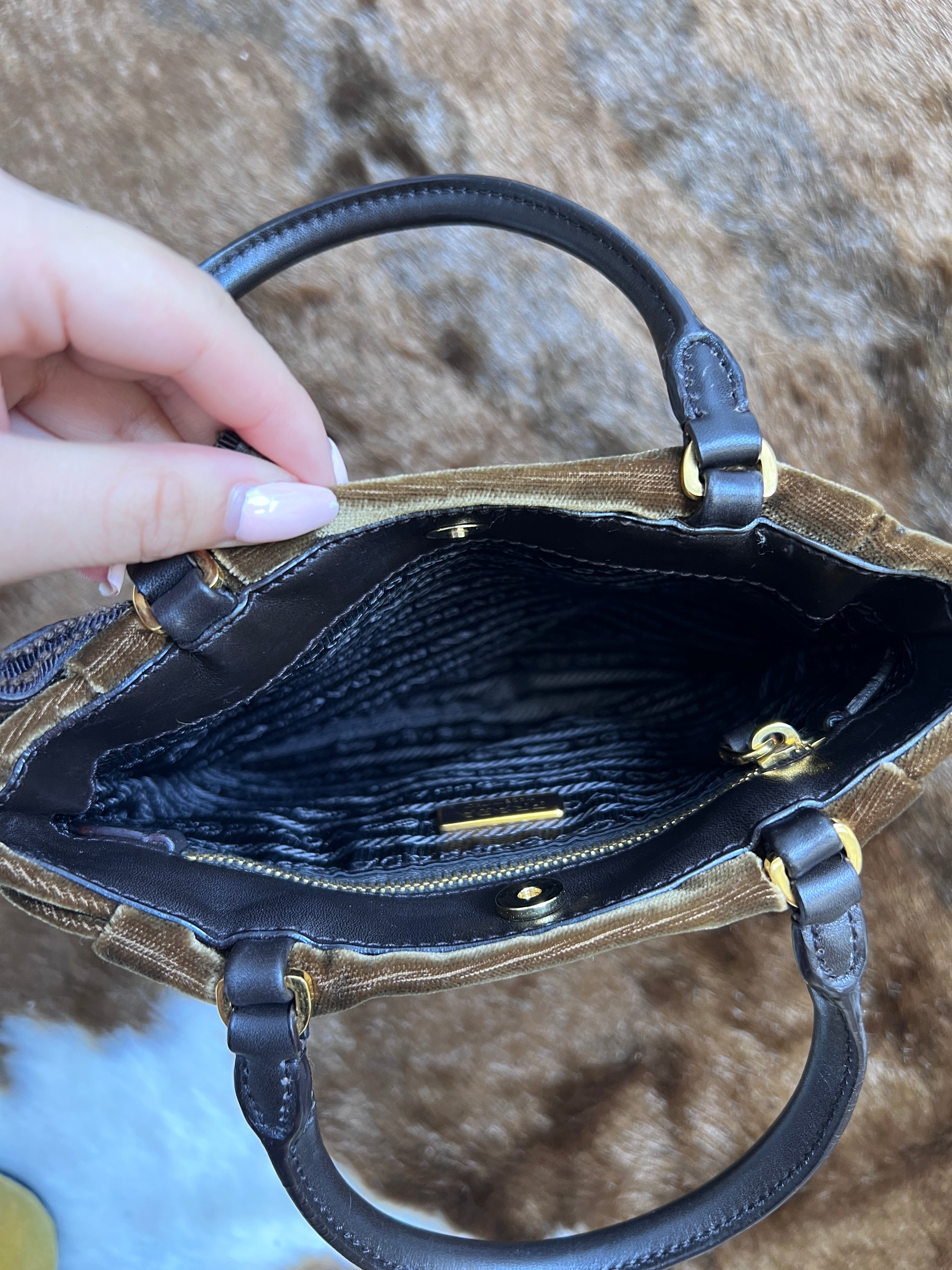 Prada Vintage Brown Velvet Embroidered Top Handle Bag