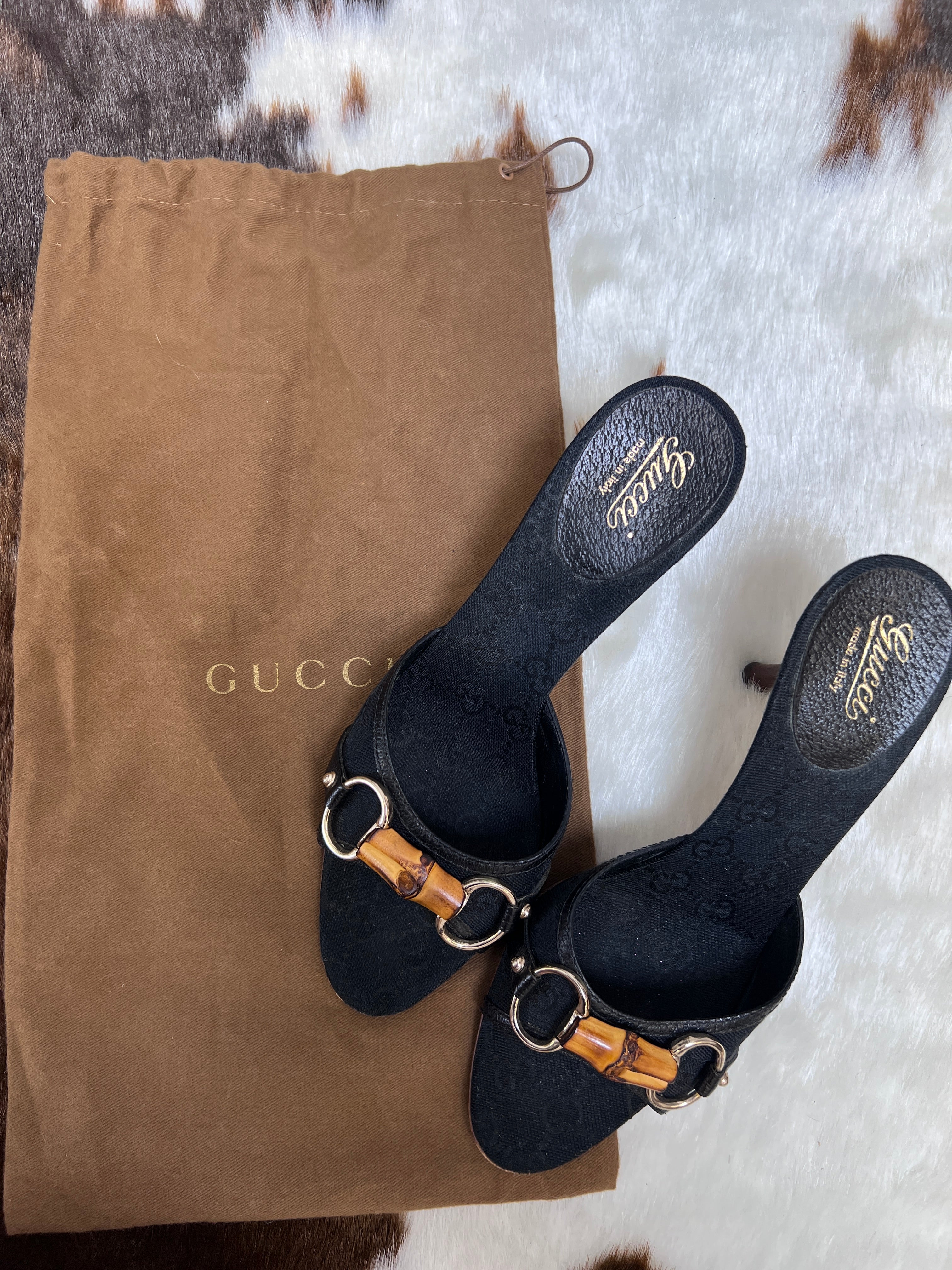 Gucci Vintage Black Canvas Bamboo Horsebit Muls EU7