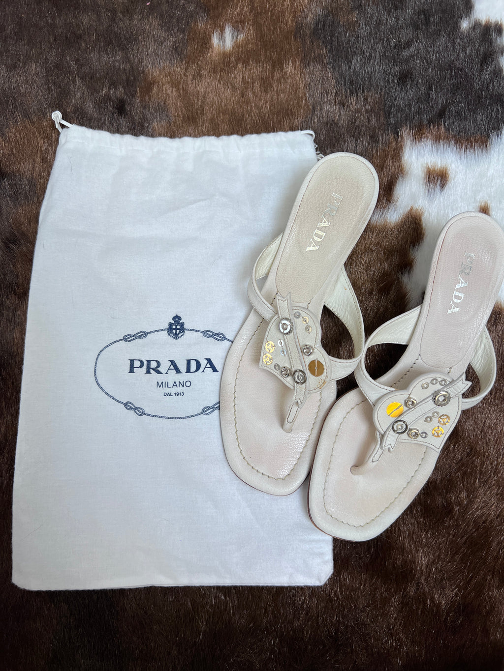 Prada Vintage White Leather Flat Sandals with Stud Details EU37