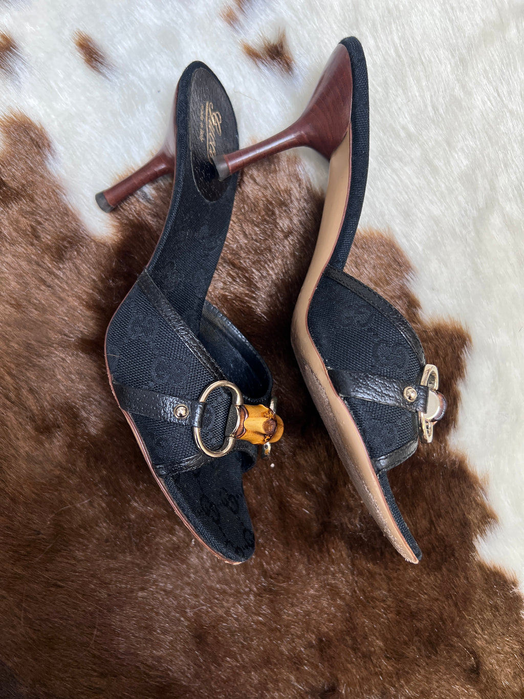 Gucci Vintage Black Canvas Bamboo Horsebit Muls EU7