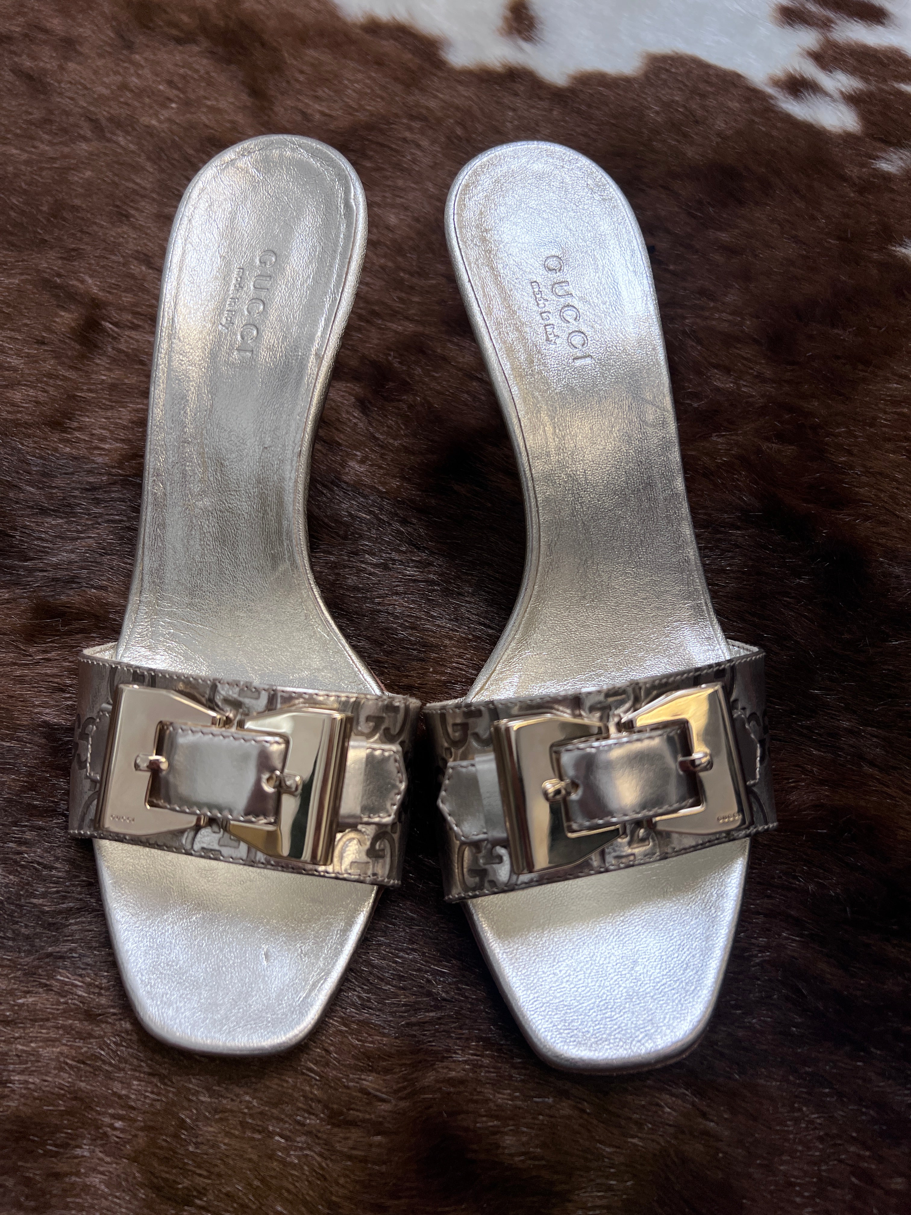 Gucci Champagne Metallic Leather Horsebit Mules EU7