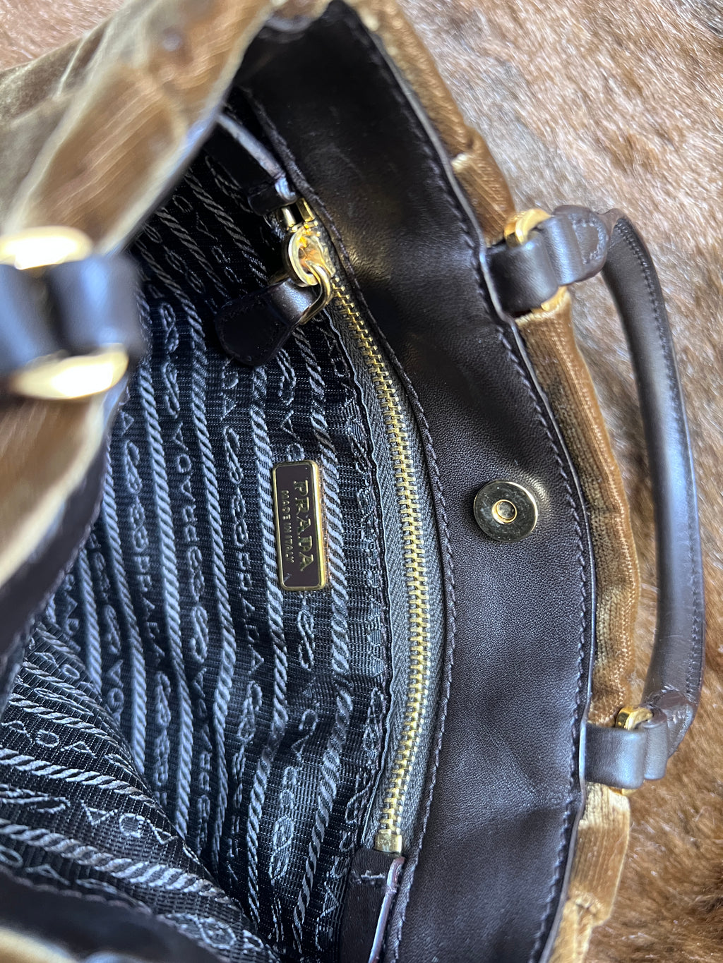 Prada Vintage Brown Velvet Embroidered Top Handle Bag
