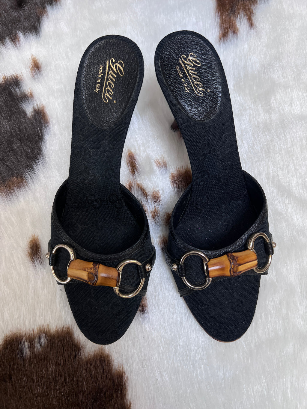 Gucci Vintage Black Canvas Bamboo Horsebit Muls EU7