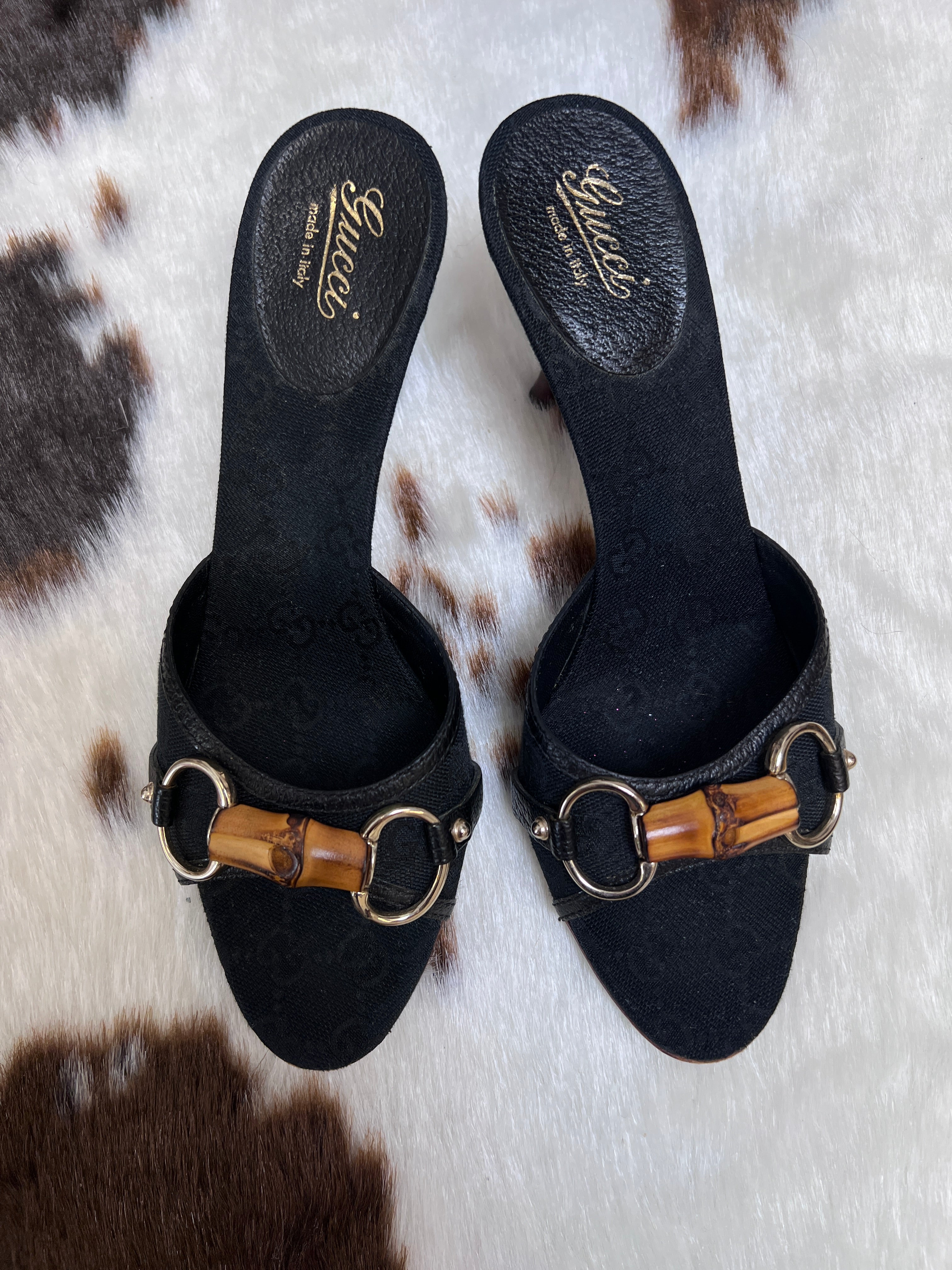 Gucci Vintage Black Canvas Bamboo Horsebit Muls EU7