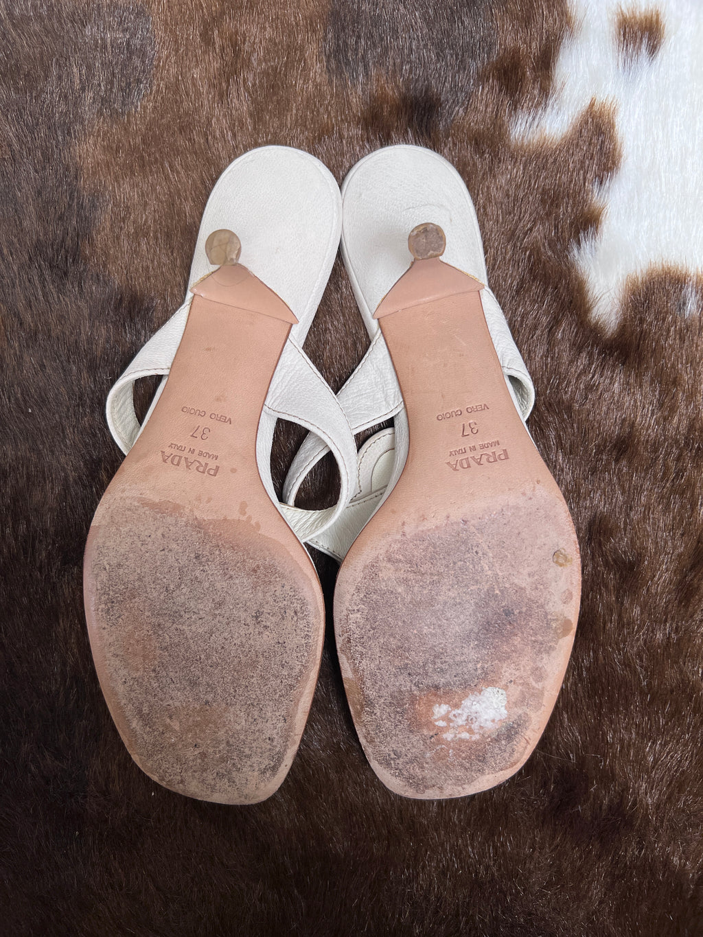 Prada Vintage White Leather Flat Sandals with Stud Details EU37
