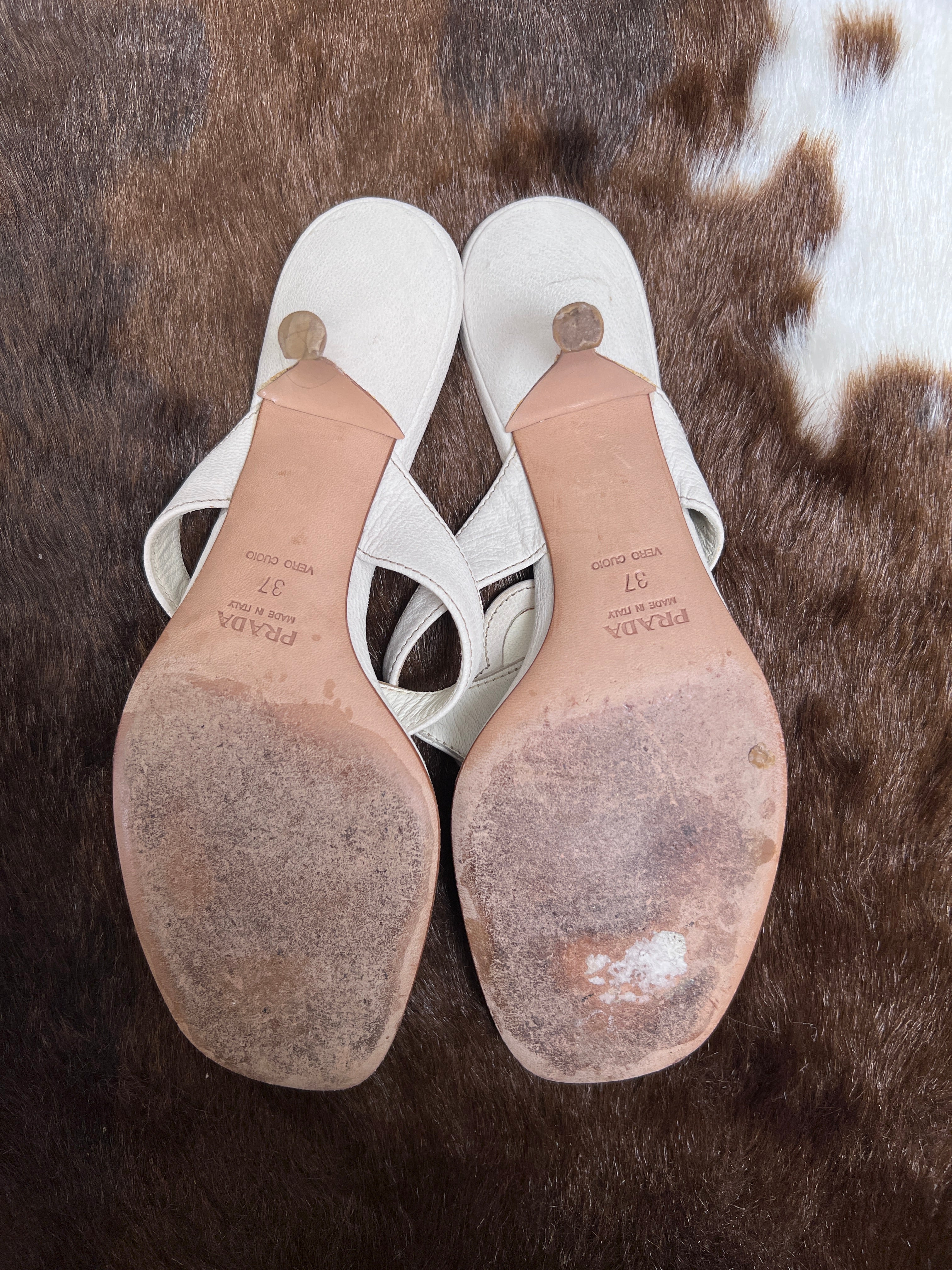 Prada Vintage White Leather Flat Sandals with Stud Details EU37