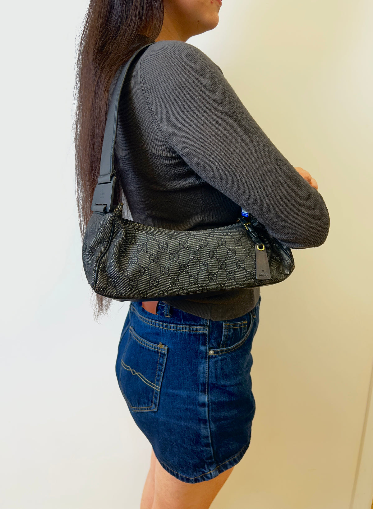 Gucci Black GG Canvas Baguette Shoulder Bag