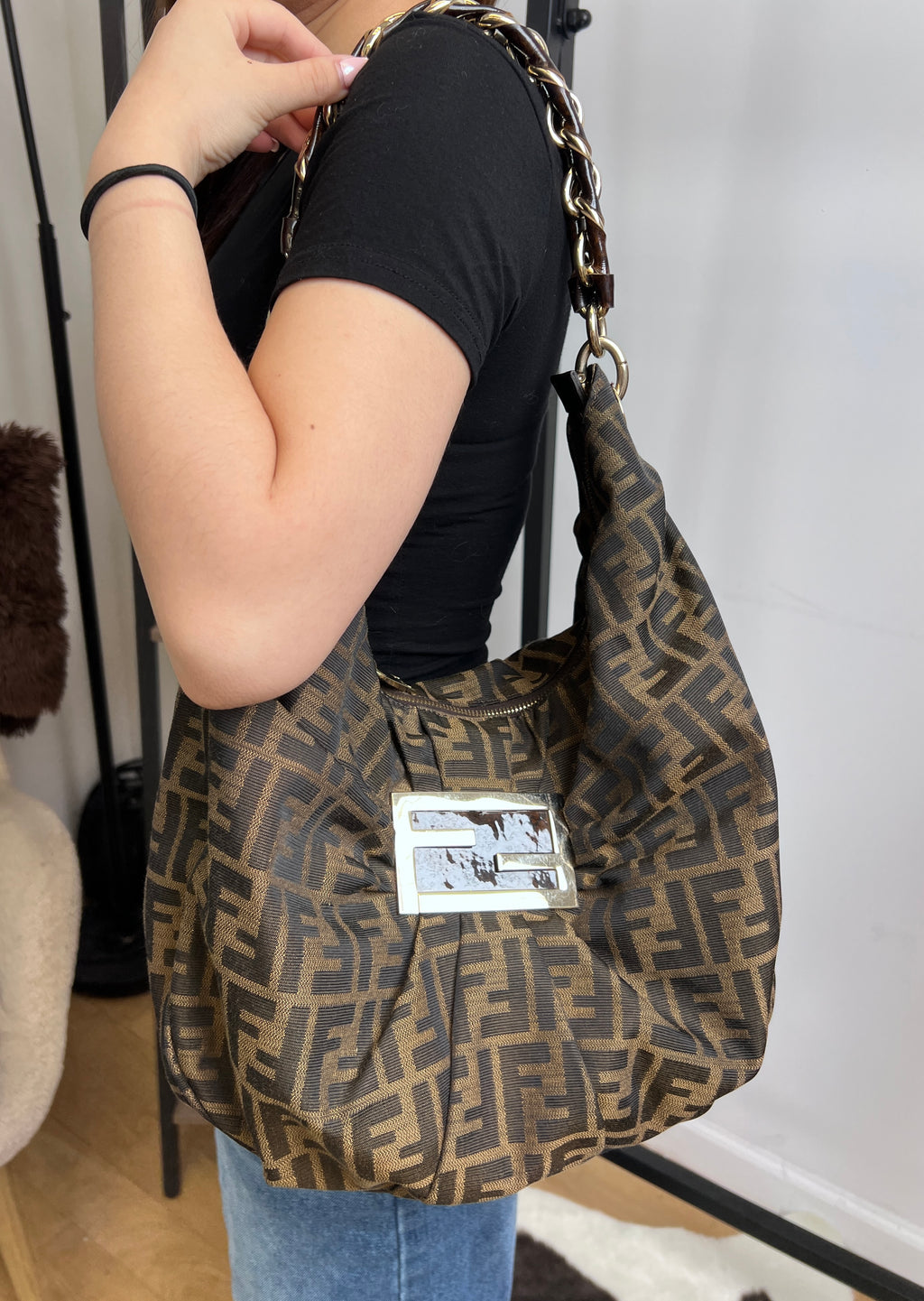 Fendi Zucca Chain Hobo Shoulder Bag