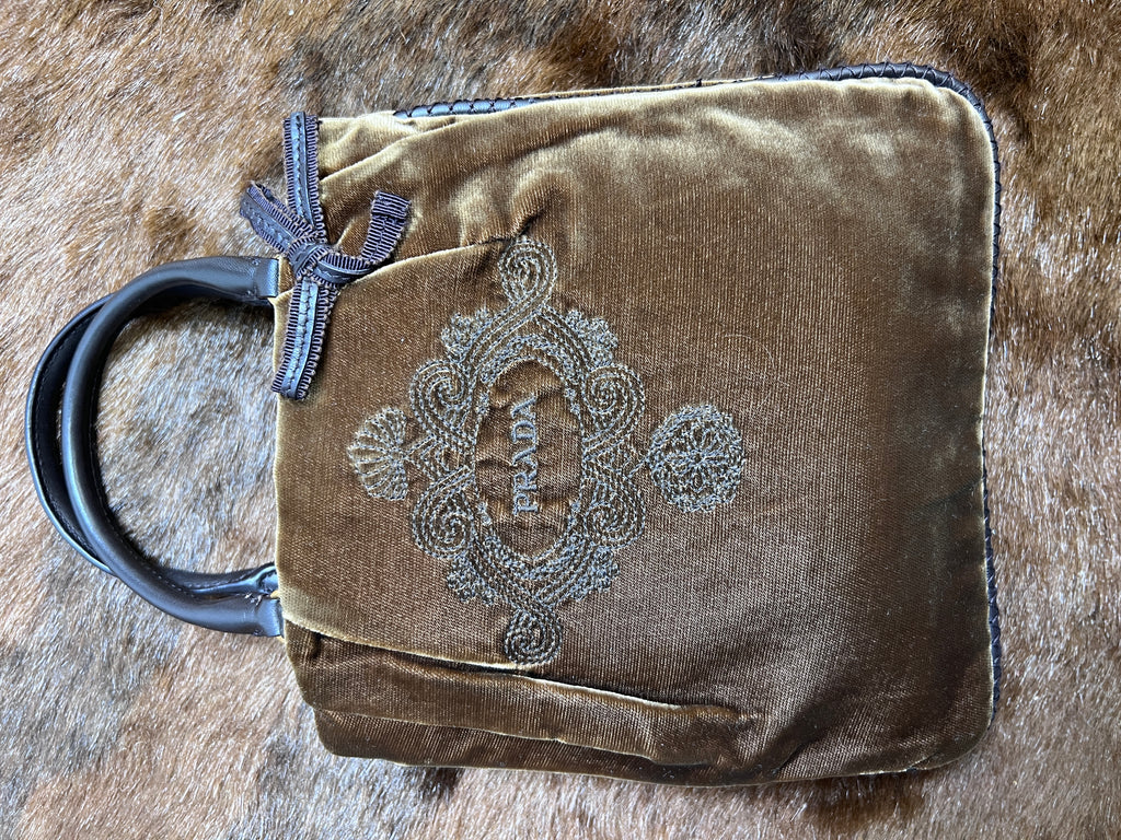Prada Vintage Brown Velvet Embroidered Top Handle Bag