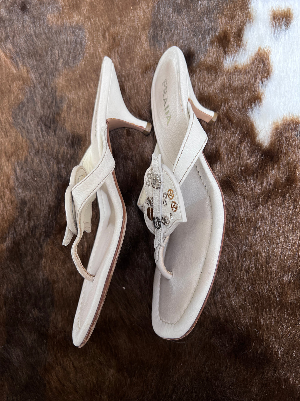 Prada Vintage White Leather Flat Sandals with Stud Details EU37