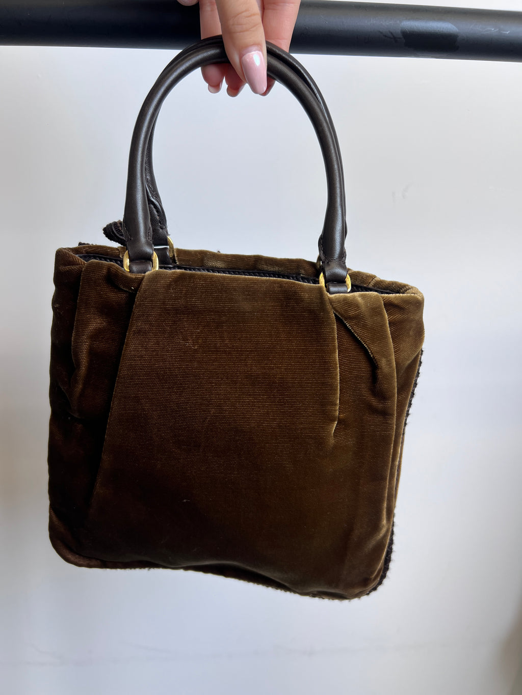 Prada Vintage Brown Velvet Embroidered Top Handle Bag