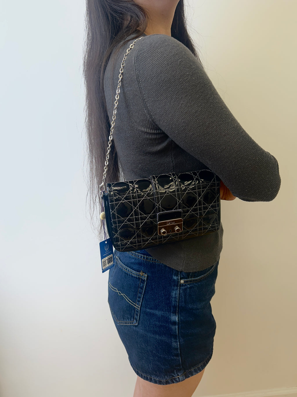 Dior Black Cannage Patent Leather Chain Shoulder Bag