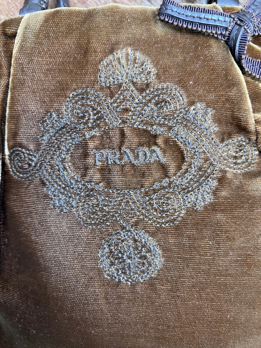 Prada Vintage Brown Velvet Embroidered Top Handle Bag