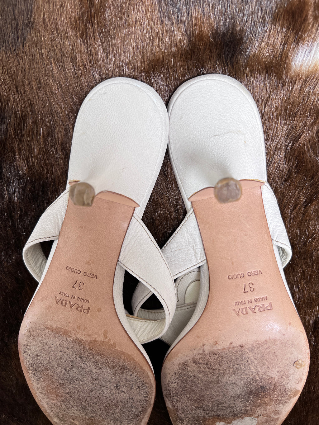 Prada Vintage White Leather Flat Sandals with Stud Details EU37