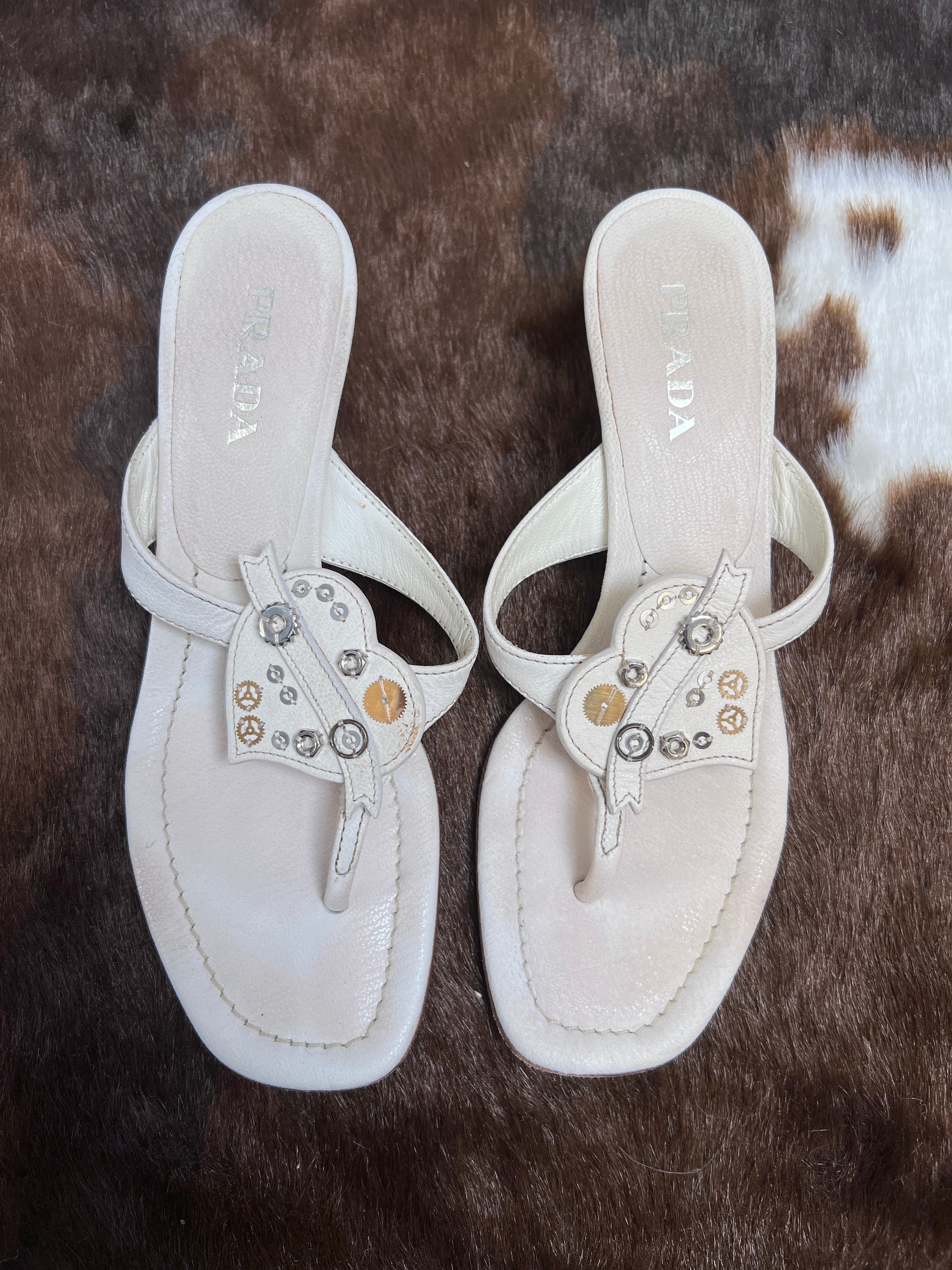 Prada Vintage White Leather Flat Sandals with Stud Details EU37