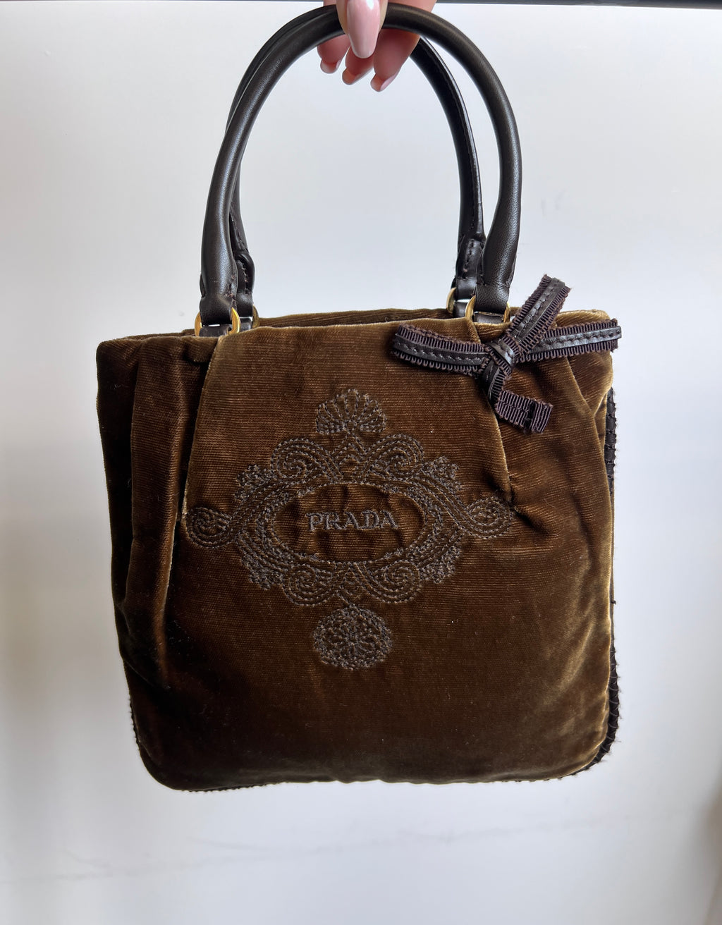 Prada Vintage Brown Velvet Embroidered Top Handle Bag