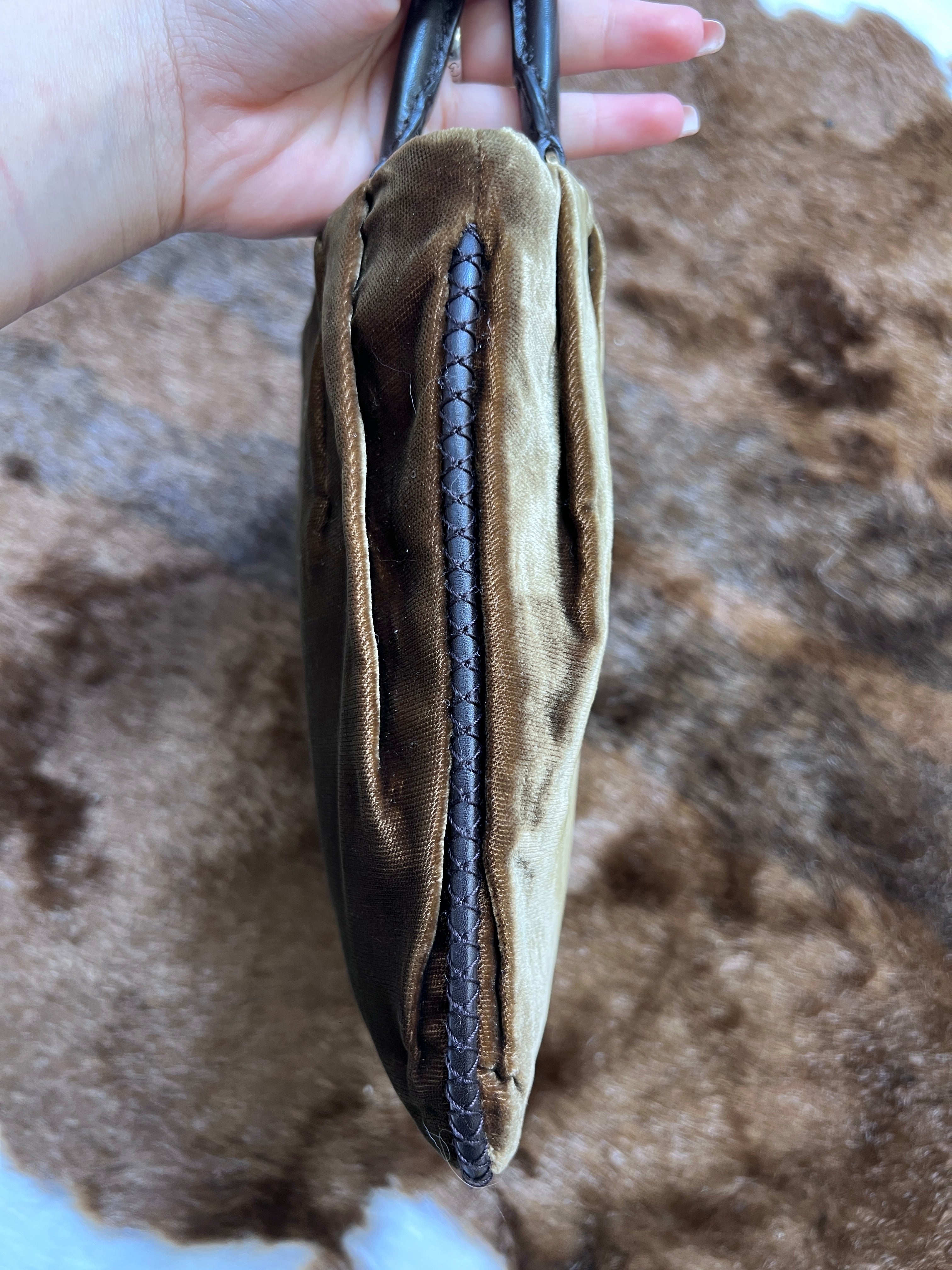 Prada Vintage Brown Velvet Embroidered Top Handle Bag