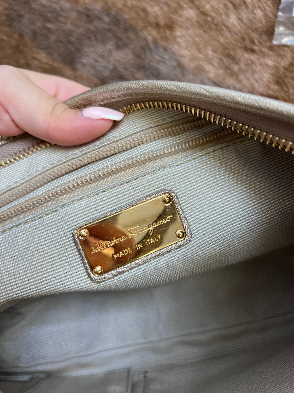 Salvatore Ferragamo Metallic Bronze Leather Shoulder Bag