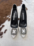 Manolo Blahnik White Crystal Buckle Pointed-Toe Pumps EU37